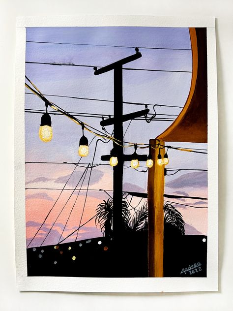 Patio lights with sunset background gouache painting Guache Sunset Painting, Sunset Gouache Painting, Lanterns Painting, Gouache Sunset, Paint Beginner, Lantern Painting, Diy Canvas Art Easy, Road Painting, Small Sketchbook