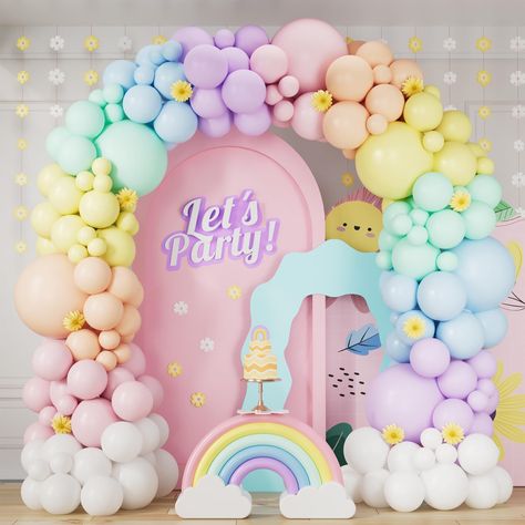 PRICES MAY VARY. Packaging Includes -The Pastel rainbow balloon set includes 163pcs macaron balloons latex balloons in 7 beautiful colors-Pastel purple, Pastel yellow,Pastel blue, Pastel orange, Pastel pink,Pastel green, white, containing 4 sizes of 5in,10in,12in and 18in. High Quality Materials - Our dusty baby blue balloons are made of high quality latex materials, strong and durable, weight up to 3g. Balloon Garland Accessories Kit :balloon ribbon,16ft balloon strip tape,100pcs dot glue. Suit Pastel Color Table Decorations, Pastel Rainbow Balloon Arch, Unicorn Balloon Garland, Pastel Balloon Garland, Rainbow Balloon Garland, Rainbow Birthday Party Decorations, Baby Sprinkle Decorations, Rainbow Balloon Arch, Rainbow Themed Birthday Party