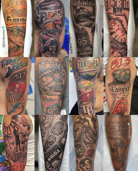 Tattoo Ideas To Fill In Gaps, State Of Florida Tattoo Ideas For Men, Florida Tattoo Sleeve, Miami Tattoo Ideas Men, Rare Tattoos Men Sleeve, Water Tower Tattoo, Florida Tattoo Ideas For Men, Florida Themed Tattoos, Against All Odds Tattoo