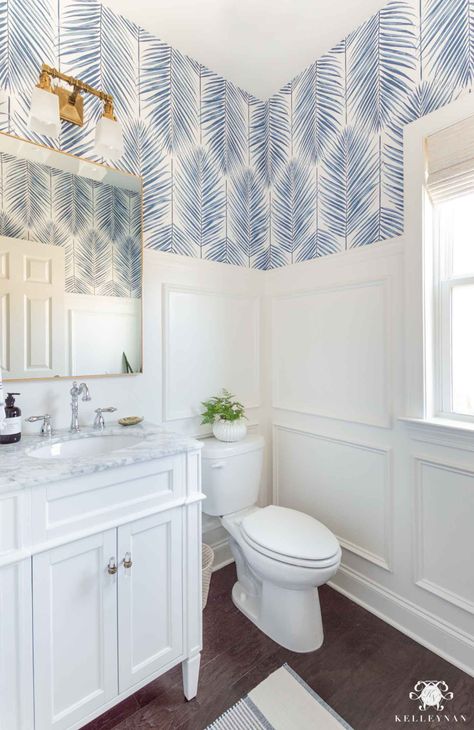 Half Bath Wall Color Ideas, Coastal Powder Room, Powder Room Design Ideas, Powder Room Remodel, Blue And White Wallpaper, Bath Makeover, Powder Room Makeover, Powder Room Decor, Palm Wallpaper