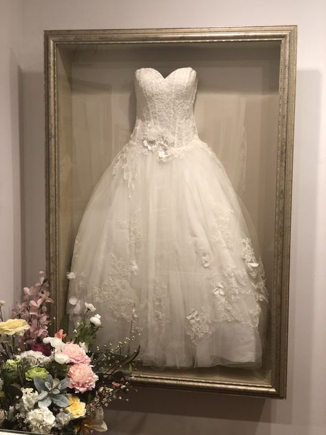 This is still one of my favorite projects; probably because it’s my dress and I love getting to see it every day!!! Wedding Dress Keepsake Ideas, Framed Wedding Dress, Preserve Wedding Dress, A Frame Wedding, Wedding Dress Shadow Box, Wedding Dress Frame, Wedding Dress Display, Wedding Dress Storage, Wedding Dress Keepsake