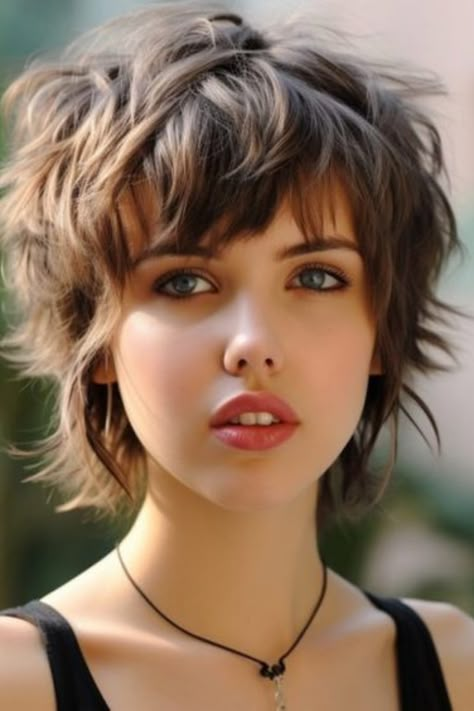 In this haircut the back and sides have grown out longer than the top. Short Shag Hairstyles Round Face, Long On Top Pixie, Messy Medium Hairstyles, "mixie" Haircut, Shaggy Pixie Bob, Funky Short Hair, Short Hair Images, Shaggy Short Hair, Short Shag Hairstyles