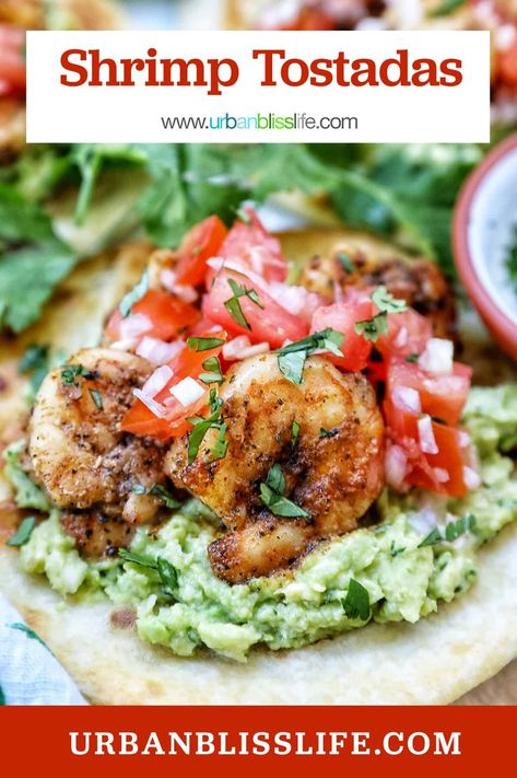 These Shrimp Tostadas are full of flavor and easy to make for lunch or dinner. With fluffy flour tortillas, a creamy homemade guacamole, bright pico de gallo, and well seasoned shrimp, these are great for Cinco de Mayo, summer picnics and BBQs, and any weeknight dinner. Get the recipe at UrbanBlissLife.com. Shrimp Tostadas Mexican, Summer Shrimp Dinner, Shrimp Tostada, Shrimp Guacamole, Tostada Recipe, Summer Shrimp Recipes, Shrimp Tostadas, Creamy Guacamole, Seasoned Shrimp