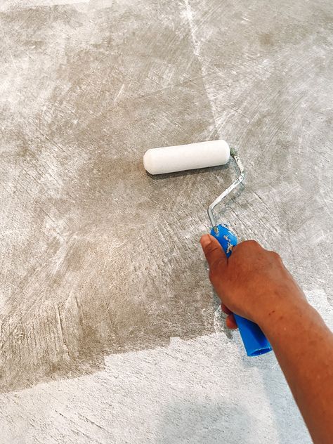 DIY Limewash Cement Floors | Roost & Ramble Cement Floor Bathroom, Cement Floor Diy, Painted Cement Floors, Concrete Floors Diy, Concrete Floors In House, Concrete Bedroom, Cement Bathroom Floor, Spicy Margaritas, Cement Stain