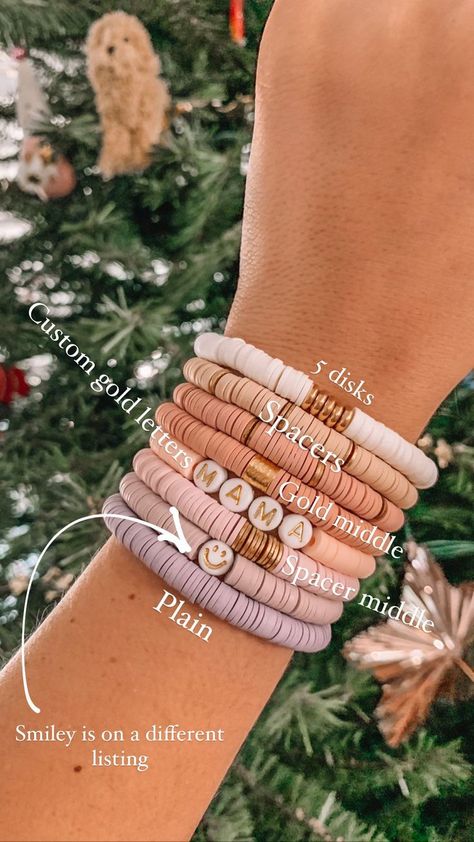 Neutral Mama Bracelet Stack, Popular Bracelets 2022, Heishi Bracelet Color Combos, Diy Heishi Bracelets, Diy Stack Bracelets, Clay Polymer Bracelet, Trending Beaded Bracelets 2023, How To Make Heishi Bracelets, Clay Disk Bracelets