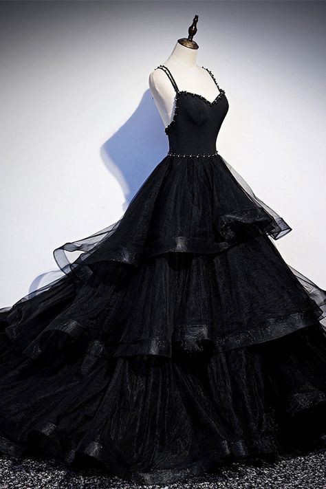 Halloween Prom Dress, Prom Dresses Aesthetic Black, Black Sweet Sixteen Dresses, Black Poofy Prom Dress, Ball Gown Dresses Black, Black Princess Dresses, Black Princess Gown, Emo Prom Dresses, Formal Graduation Dress