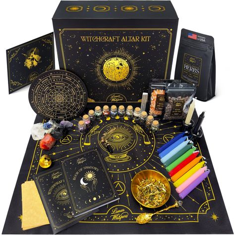 PRICES MAY VARY. 🧙‍♀️ COMPLETE WITCHCRAFT KIT- Unlock the full potential of your magic with 12 witch herbs for witchcraft, 12 crystals in spell jars with a selenite stick, 5 healing stones, 12 colored candles with holders, 16 parchments, black & pink salt, notebook, witchcraft guide, obsidian pendulum with board, velvet altar cloth, bowl, bell, and spoon. Everything you need for powerful rituals and spells. 🌟 LUXURIOUS PREMIUM DESIGN - Elevate your witchy decor with our high-end, exquisitely d Witchcraft Guide, Witchcraft Kit, Outdoor Witch, Wiccan Candle, Colored Taper Candles, Selenite Stick, Witch Kit, Colored Candles, Witch Herbs