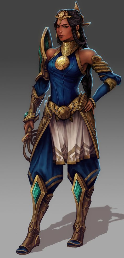 Character concept, an original champion for League of Legends!  Born in the small settlement of Mu’raat just south of Central Shurima, Nasira lived her life amidst the sand-drowned ruins of her people’s past. Though she grew up told to ignore the remnants of the old ways, she constantly marveled at the mystery and intrigue of the forgotten glory of the Shuriman empire. When she grew older, she ran away from home to make her own way, and eventually found herself under the command of the warlo... Egyptian Character, Red Desert, Samana, Fantasy Warrior, Fantasy Rpg, Fantasy Inspiration, Character Creation, Dnd Characters, Character Portraits