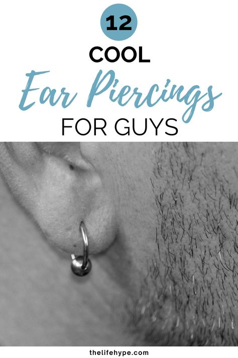 Ear piercings for men are more of a modern fashion trend or craze, just like tattoos. In this post, we'll mention the best types of ear piercings for guys. Mens Double Lobe Piercing, Male Ear Piercing Men, Men’s Piercing Ideas, Men Piercings Ears, Male Piercings Aesthetic, Men Ear Piercing Ideas, Daith Piercing Men, Conch Piercing Men, Mens Ear Piercing Ideas