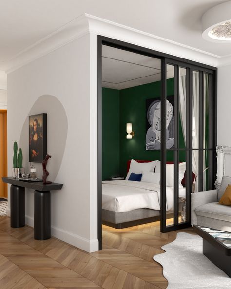 Bedroom Divider Ideas Room Partitions, Bedroom Without Windows Ideas, Studio Apartment Living, Glass Curtain Wall, Small Apartment Interior, Condo Interior, Deco Studio, Small Apartment Design, التصميم الخارجي للمنزل