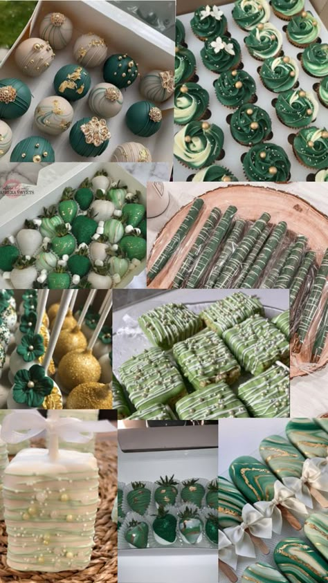 Green And Gold Candy Bar, Emerald Green Sweets Table, Sage Green Theme Birthday, Shades Of Green Birthday Theme, Sweet 16 Party Ideas Themes Green, Green Themed Birthday Party Ideas, Princess Tiana Sweet Sixteen, Green And White Candy Bar, Green White Gold Party Theme