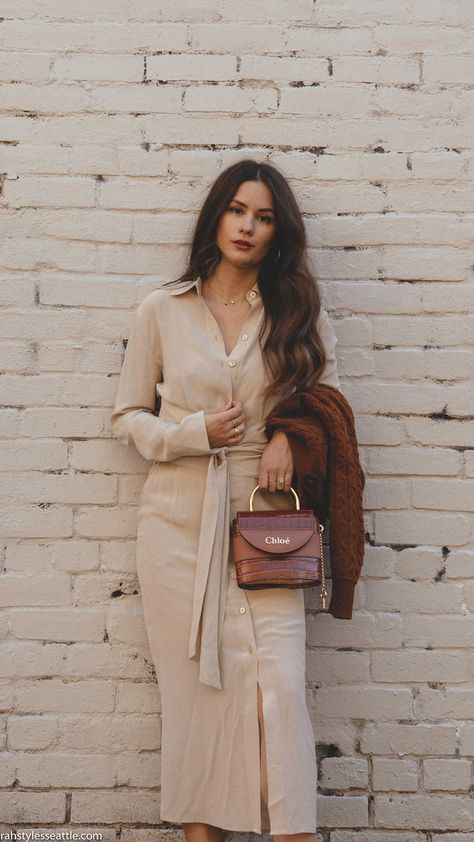 Beige Dress Outfit, Silk Shirt Outfit, Beige Shirt Dress, Sarah Christine, Sarah Butler, Chic Fall Outfit, Soft Feminine Outfits, Nude Outfits, Shirt Dress Outfit