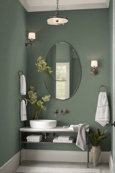 painting contractor, interior design ideas, paint color schemes, interior decoration Bathroom Paint Color Ideas Sherwin Williams, Pewter Green Sherwin Williams Bathroom, Green Wall Bathroom Ideas, Purple Bathroom Cabinets, Green Bathroom Color Schemes, Powder Room Wall Color, Guest Bathroom Paint Colors, 2024 Bathroom Colors, Pewter Green Bathroom