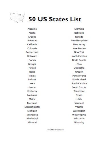 Free Printable 50 US States List List Of 50 States Printable, List Of States In Alphabetical Order, States In Alphabetical Order, 50 States Map, List Of States, Us States List, Alphabetical Order Worksheets, Abc Order Worksheet, State Names