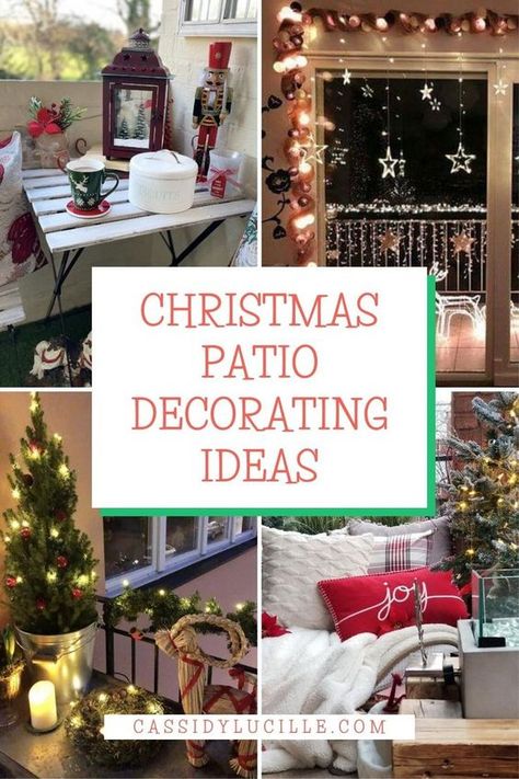 Turn your patio into a festive paradise with our Christmas patio decorating ideas. Read this post and explore 8 apartment balcony Christmas decorations to create holiday magic outdoors! Tap here and discover winter balcony ideas now! Outside Patio Christmas Decor, Christmas Patio Door Decorations, Apartment Christmas Lights Patio, Holiday Patio Decor, Apartment Balcony Christmas Decorations, Christmas Apartment Porch Decor, Back Patio Christmas Decor, Small Christmas Porch Ideas, Backyard Patio Christmas Decor