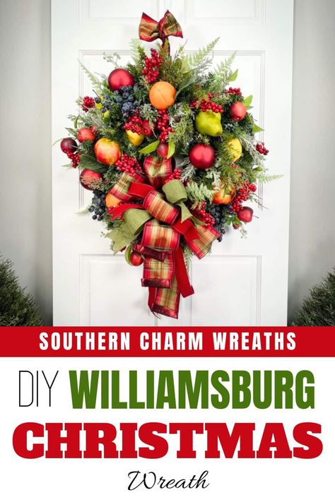 Travel back to the 1800s with this Williamsburg Christmas wreath, made with old-fashioned fruits, red berries, and just a touch of glam. Wreath Making Business, Williamsburg Christmas, Wreath Inspiration, Christmas Fruit, Christmas Stencils, Wreath Maker, Themed Christmas, Green Wreath, Christmas Feeling