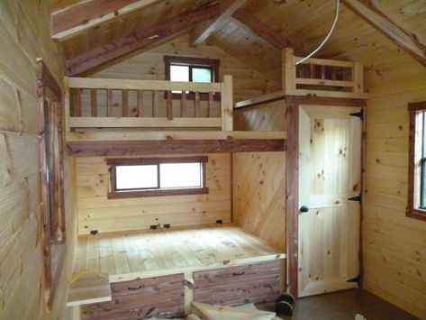 Storage Shed Bunk House, 10x20 Shed Plans Tiny House, Tiny Cabin Loft, Shed Cabin Interior, Shed Cabin Ideas, House Interior Small, Shed To Cabin Conversion, Shed Homes Interior, Tiny Cabins Interiors