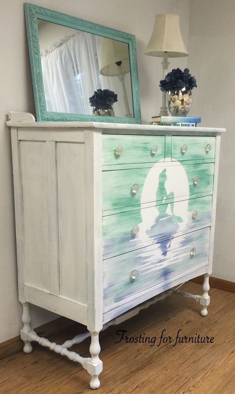 https://m.facebook.com/frostingforfurniture/ Little Mermaid Furniture, Mermaid Bedroom Ideas For Women, Beach Dresser Decor, Mermaid Room Ideas, Mermaid Desk, Mermaid Dresser, Mermaid Bedroom Ideas, Ariel Bedroom, Little Mermaid Bedroom