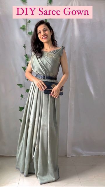 Saree As Gown Drape, From Saree To Dress, Dress With Saree, Saree Into Gown, Drape Saree Gowns, Saree Dress Gowns, Saree Hacks, Saree Tips, Sari Draping