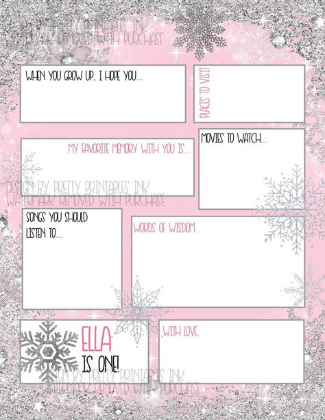 Winter onderland birthday time capsule with pink background and silver glitter snowflakes. Kids Birthday Party Activities, First Birthday Time Capsule, Birthday Time Capsule, Baby Memory Box, Glitter Snowflakes, Kids Birthday Party Decoration, Kids Themed Birthday Parties, Pretty Printables, Birthday Party Activities