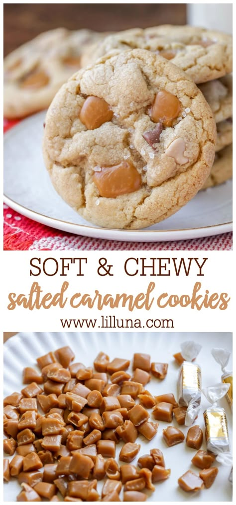 Salted Caramel Cookies Recipe, Caramel Cookies Recipes, Chewy Caramel, Soft Cookie Recipe, Salted Caramel Cookies, Caramel Bits, Favorite Cookie Recipe, Caramel Cookies, Sprinkle Cookies