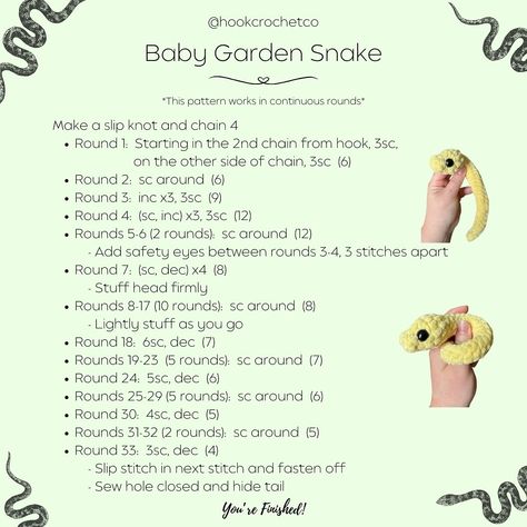 Carlina 🫶 | Say hello to my free baby garden snake pattern! 🐍 This little guy is no-sew and fits right in your hand!🥹 They are super quick to make… | Instagram Crochet Snake Tutorial, Crochet Patterns Free No Sew, Easy Crochet Snake Pattern Free, How To Crochet A Snake, Snake Amigurumi Free Pattern, Crochet Snake Pattern Free, Crocheted Snake, Snake Crochet Pattern, Knit Snake