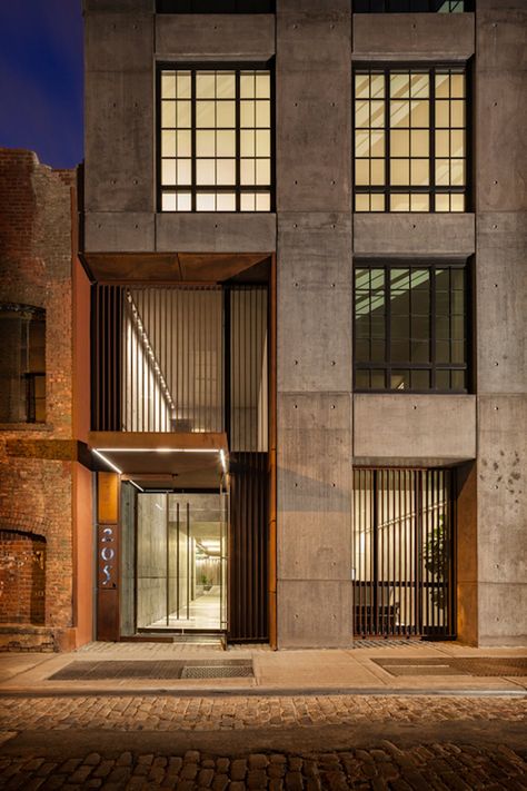 Five New York projects with industrial echoes by S9 Architecture: Your Next Employer? | News | Archinect Industrial Architecture Facade, Industrial Building Facade, Residential Building Entrance, Industrial Facade, New York Projects, Building Entrance, Industrial Architecture, Casa Container, Entrance Design