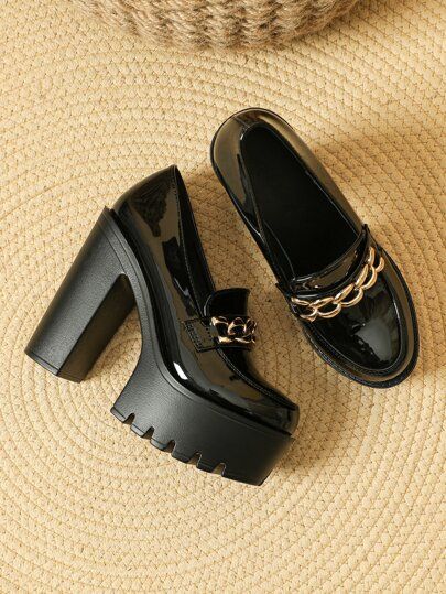 Black Heel Loafers, Chunky Loafers Heels, High Heel Loafers Outfit, Heeled Loafers Outfit, Women Shoes Aesthetic, Punk Heels, Chunky Heel Loafers, Loafers Heels, Chunky Platform Heels