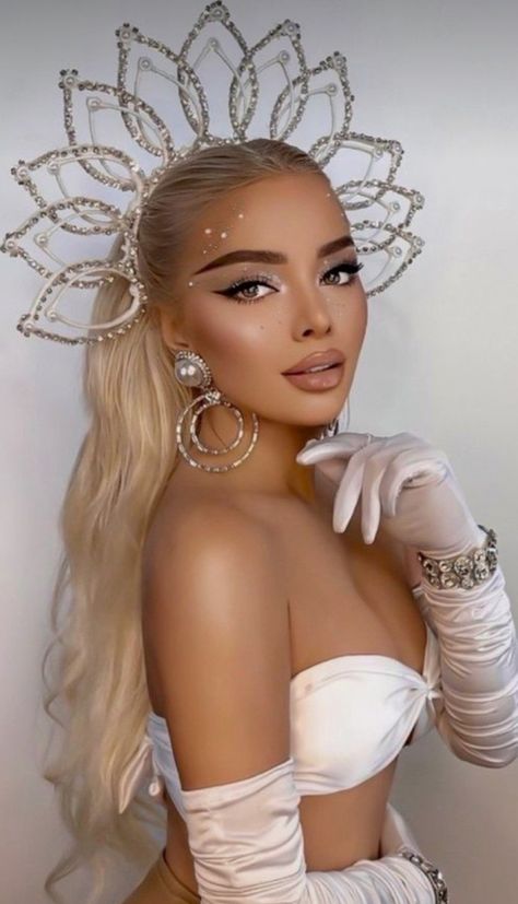 Look like a Goddess with this look.. #Halloween #costumes #trickortreat Queen Custome Ideas, Godess Make Up Halloween, Goddess Dance Costume, Halloween Costumes With Crowns, Goddess Looks Inspiration, Greek Goddess Makeup Halloween, Goddess Diy Costume, Ice Queen Costume Halloween, Gods And Goddesses Costume