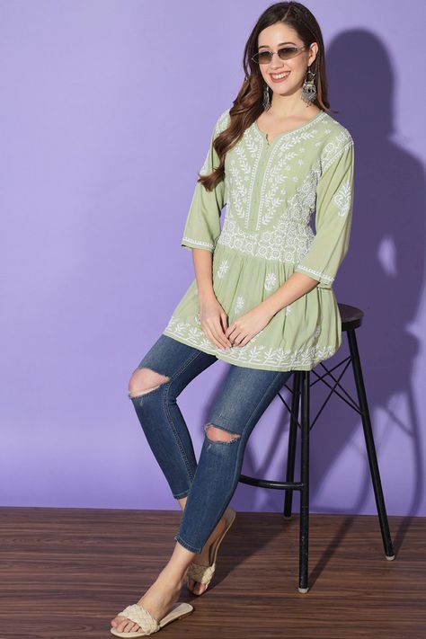 Handmade Dress For Women, Chikankari Tops, Magical Inspiration, Jeans Palazzo, Cotton Frock, Chikankari Embroidery, Women Tunic, Pista Green, Frock Style