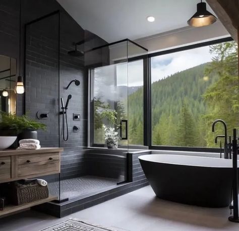 Open Natural Bathroom with Dark Tile & Wood Accents Down Home Fab, Black Barndominium, Barn Renovation, Modern Mountain Home, Gorgeous Houses, Master Bed, Dream Bathrooms, Diy House, Barndominium Ideas