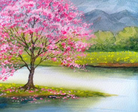 Watercolor Landscape. Flowering Pink Tree By Lake Stock ... Landscape Pencil Drawings, Spring Portraits, Spring Quotes, Clean Label, Watercolor Flowers Tutorial, Pink Tree, Watercolor Paintings Easy, Landscape Art Painting, Spring Painting