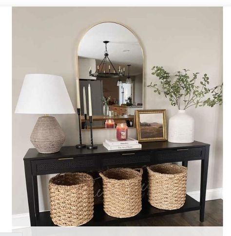 Basket Under Console Table, Farmhouse Modern Decor, Table Entryway, Decorative Storage Baskets, Farmhouse Modern, Hillsdale Furniture, Decorative Basket, Basket Storage, Hallway Table