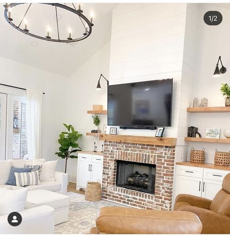 Easy Diy Fireplace, Fireplace Sconces, White Sectional Sofa, Red Brick Fireplaces, White Brick Fireplace, Ranch Farmhouse, Diy Fireplace Makeover, Mantle Ideas, Fireplace Shelves