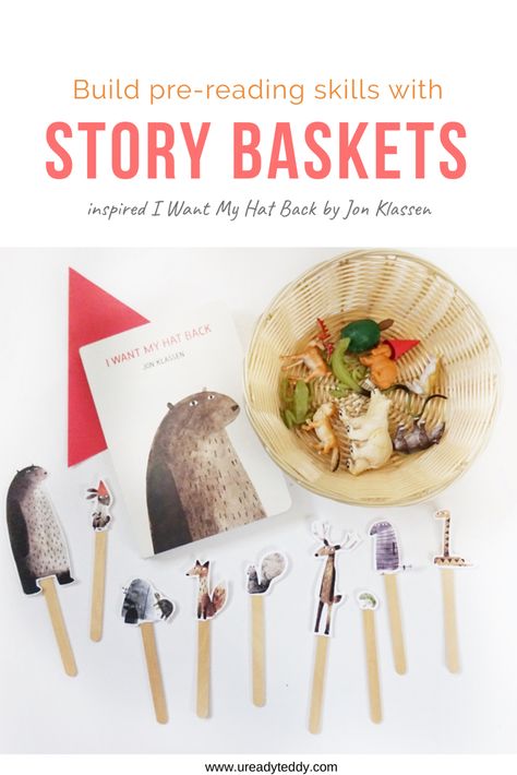 Story basket activity with storytelling props and puppets for pre-k early education toddlers. Teach pre-reading skills and early literacy by retelling favorite stories like I Want My Hat Back by Jon Klassen Book Props Preschool, Storytime For Preschoolers, Story Telling Props Ideas, Story Telling Activities Preschool, Jon Klassen Activities, Preschool Story Telling, I Want My Hat Back Activities, Story Baskets For Toddlers, Storytelling Preschool