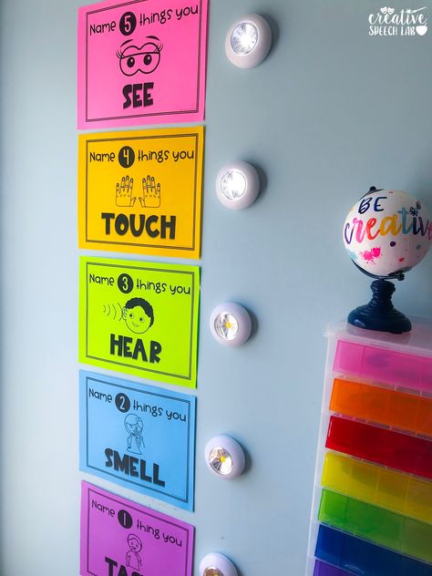 The perfect decoration for a calm down corner in your preschool, elementary or middle school classroom or at home. This grounding exercise is designed to help your elementary and middle school students engage in relaxation techniques with the help of tap lights! These interactive printables teach kids to develop coping strategies and successfully return to the classroom lesson. Multiple sizes and color options can accommodate your unique classroom decor needs and speech therapy room decor. Calming Room Ideas, Speech Therapy Room Decor, Therapy Room Decor, Speech Therapy Room, Calm Room, Calming Room, School Speech Therapy, Language Therapy Activities, Calm Down Corner