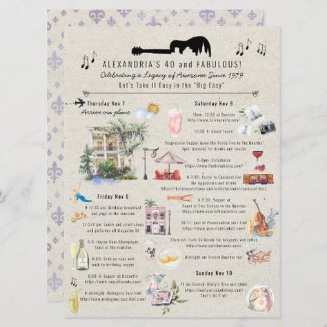 $ 3.2 | 40 and Fabulous | New Orleans Birthday Itinerary #illustrated itinerary cards #destination birthday weekend #bachelorette #girls weekend #travel #new orleans #mardi gras #watercolor map #birthday party #bachelor party New Orleans Birthday, Birthday Itinerary, Mardi Gras Invitations, Itinerary Invitation, Bachelor Party Invitations, Bachelorette Weekend Itinerary, Welcome Letter, 40 And Fabulous, Event Card