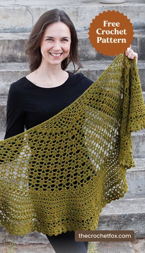 Add instant charm to your everyday outfits by making this chic lace crochet shawl that doubles up as a scarf. This easy crochet pattern is crocheted top down with lace pattern and makes for a great DIY crochet gift for friends and family.| More free crochet patterns at thecrochetfox.com #crochetpatternsfree #crochetingprojects #crochetideas #thingstocrohet Drop Design Crochet Patterns, Lace Shawl Pattern, Crochet Shawl Free, Crocheted Shawl, Crochet Lace Shawl, شال كروشيه, Crochet Shawl Pattern Free, Crochet Lace Pattern, Crochet Shawls And Wraps