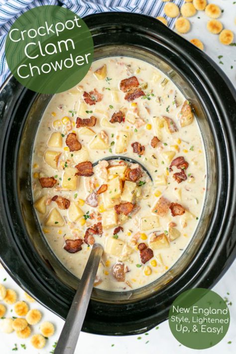 This recipe for Slow Cooker Clam Chowder is a lightened up veggie filled New England style Clam Chowder made so simple in the crockpot with no heavy cream! Light enough for a weeknight dinner and flavorful enough that everyone will be asking for it on a regular basis! #clamchowder #newengland #crockpot Best Crockpot Clam Chowder, Clam Chowder Soup Recipes Crock Pot, Clam Chowder In Crockpot, Crockpot Clam Chowder Slow Cooker, Easy Crockpot Clam Chowder Recipe, Clam Chowder Recipe New England Healthy, Crockpot Clam Chowder Recipe Slow Cooker New England, New England Clam Chowder Crock Pot, Light Clam Chowder Recipe