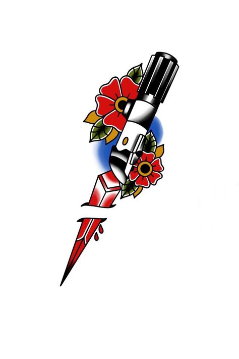 American Traditional Tattoos Starwars, Traditional Lightsaber Tattoo, Darth Maul Tattoo Traditional, American Traditional Lightsaber Tattoo, Starwars Traditional Tattoo, Old School Star Wars Tattoo, Starwars Flash Tattoos, Darth Vader Traditional Tattoo, Star Wars American Traditional Tattoo