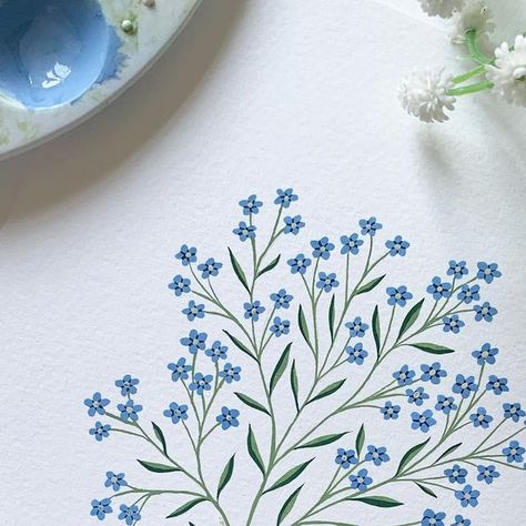 Art By Becky Amelia on Instagram: "Forget-me-nots 🌿 . . . #flowerstagram #wildflowersofinstagram #gouache #watercolor #gouacheillustration #gouachepainting #plantart #tinyflowers #illustrationnow #wildflower #watercolorartist #inspiredbynature #cornwallartist #illustragram #gouacheart #dailypainting #painting #art #illustration #gouachepaint #botanicalart #botanicalpainting #artinspiration #ladieswhopaint #tinypainting #femaleartist #watercolorflorals #floralillustration #flowerillustration #tempuradesign" Pottery Painting Illustration, Wildflower Painted Furniture, Forget Me Not Botanical Illustration, Forget Me Not Watercolor Painting, Blue Gouache Painting, Gouache Botanical Illustration, Painted Forget Me Nots, Forget Me Not Painting Acrylic, How To Paint Wildflowers