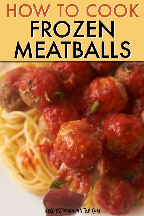 Learn how to make frozen meatballs using your favorite appliance. Frozen meatballs are delicious and versatile, and they are ready quickly. Enjoy them over pasta or rice, on sandwiches, as a meal, or as a tasty appetizer. Meatballs can be topped with various sauces and are perfect for any occasion. This complete guide will so you how to cook frozen meatballs on stovetop, in the crockpot, air fryer, or oven. Click through to get this awesome how to cook frozen meatballs guide!! #frozenmeatballs Frozen Meatballs And Spaghetti, Recipe For Frozen Meatballs, Frozen Meatballs Stovetop, Frozen Meatball Spaghetti Recipes, Meatballs In Crockpot Frozen, How To Cook Frozen Meatballs, Frozen Meatball Recipes Stovetop, Meatballs On Stovetop, Frozen Meatballs In Oven