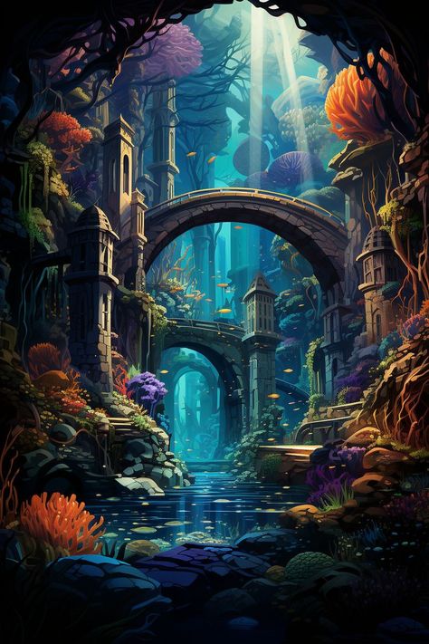 Underwater City Illustration, Fantasy Landscape Underwater, Underwater Garden Art, Fantasy Place Art, Underwater House Fantasy Art, Fantasy Underwater Art, Underwater City Fantasy Art, Sea Fantasy Art, Underwater Civilization