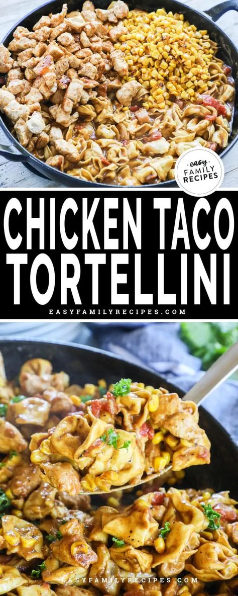 YUM! This easy one skillet dinner is perfect for busy weeknights! Chicken Taco Tortellini brings all the flavor of tacos and locks it in a creamy sauce flavored with taco seasoning. Tender chicken, delicious tortellini, charred corn, zesty tomatoes with green chiles, and creamy alfredo sauce seasoned with taco seasoning. With only a few ingredients this easy skillet dinner comes together in as little as 30 minutes! With all the flavor of tacos, creamy sauce and tortellini this easy chicken breas Tortellini Chicken Ceasar, Mexican Tortellini Recipes, Tortellini Recipes With Chicken, Chicken And Tortellini Recipes, Mexican Tortellini, Healthy Tortellini Recipes, Recipe With Tortellini, Taco Tortellini, Tortellini Skillet