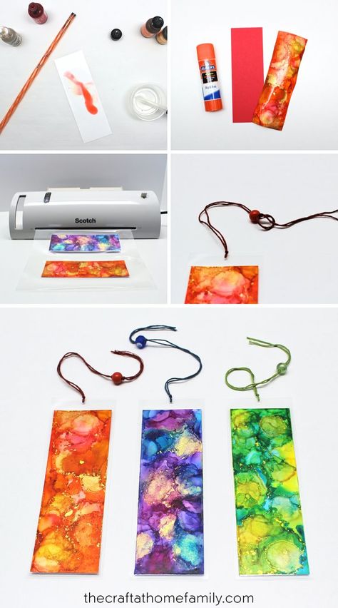 Bookmarks Creative Ideas, Teacher's Day Gifts Diy Crafts, Laminating Bookmarks Diy, Laminator Bookmarks, How To Make Homemade Bookmarks, Bookmark Diy Kids, Alcohol Ink Bookmarks, Simple Diy Bookmarks, Kids Bookmark Craft