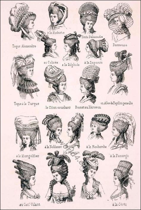 Coiffures 18th century. Various Rococo headdresses and hairstyles. 1982 Hairstyles, 1992 Hairstyles, 1996 Hairstyles, Rococo Hairstyles, 18th Century Hairstyles, Rose Bertin, 18th Century Hair, 18th Century Hats, Moda Medieval