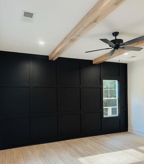 Master With Dark Accent Wall, Black Wall Rustic Bedroom, Black Panel Accent Wall Bedroom, Master Bedrooms Decor Black Wall, Accent Wall Between Two Windows Bedroom, Bedroom Window Accent Wall, Black Square Accent Wall, Modern Bedroom With Black Accent Wall, Wood Accent Wall Master Bed