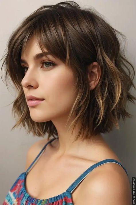 medium length layered haircuts Medium Hair Bob With Bangs, Short Hair Styles And Color Ideas, Women Short Hair Color Ideas, Medium Bob Long Bangs, Medium Length Haircut Layers Wavy, Medium Length Haircut With Layers Wavy Hair, Short Haircut Women Thick Hair, Face Frame Layers Short Hair, Bob Hairstyles With Bangs Over 50