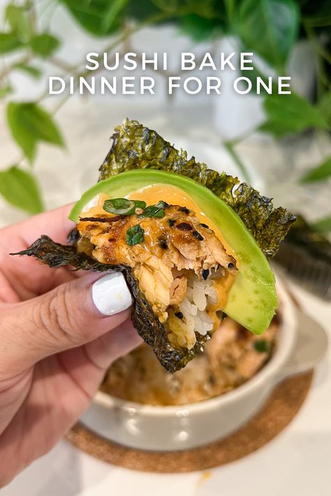 eating a single serve salmon sushi bake with roasted seaweed paper snack, avocado, and spicy mayo Individual Sushi Bake, Sushi Bake For One, Single Serving Salmon Recipe, Single Serve Casserole Recipes, Single Serve Dinner Recipes, Healthy Single Serve Meals, Single Meals Cooking For One, Single Serve Dinner, Single Serving Meals