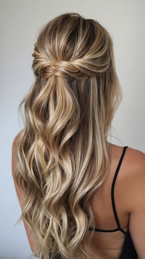 Summer Hairstyles Galore: 15 Easy & Cute Looks for Every Hair Length! - Cheerful Talks Hoco Hair Styles Brunette, Half Up Hairstyles Wedding Bridesmaid, Hoco 2024 Hair, Curl Hair Half Up Half Down, Simply Wedding Hairstyle, Easy Bridesmaid Hairstyles Updo, Homecoming Half Up Half Down, Hair Down Homecoming Styles, Half Up Half Down Hairstyles For Hoco